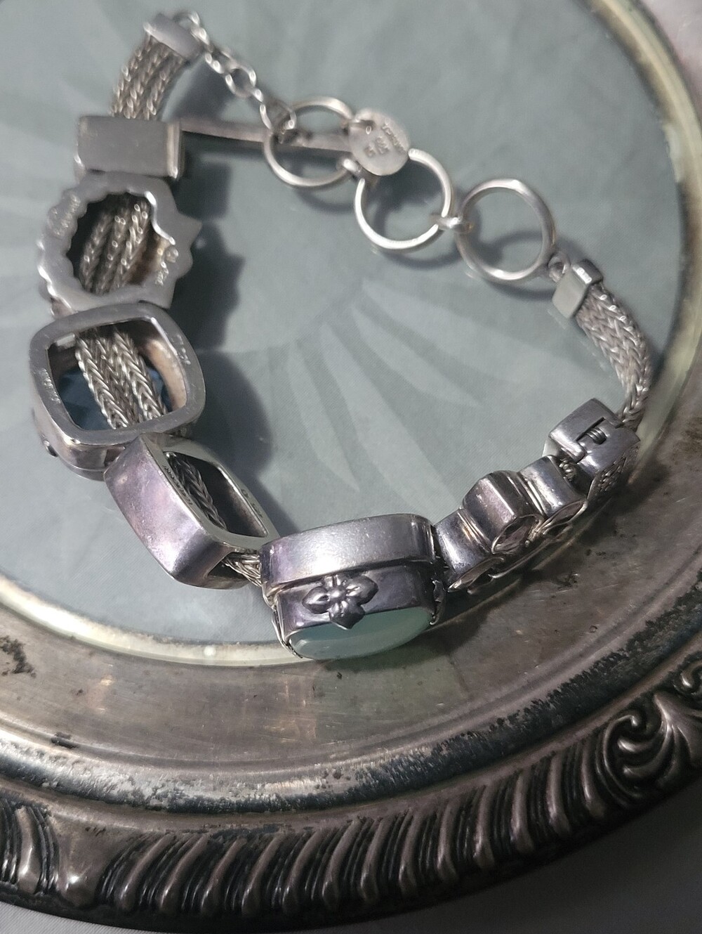 Women's Sterling Silver Multi-Link Bracelet with Light Blue Accent